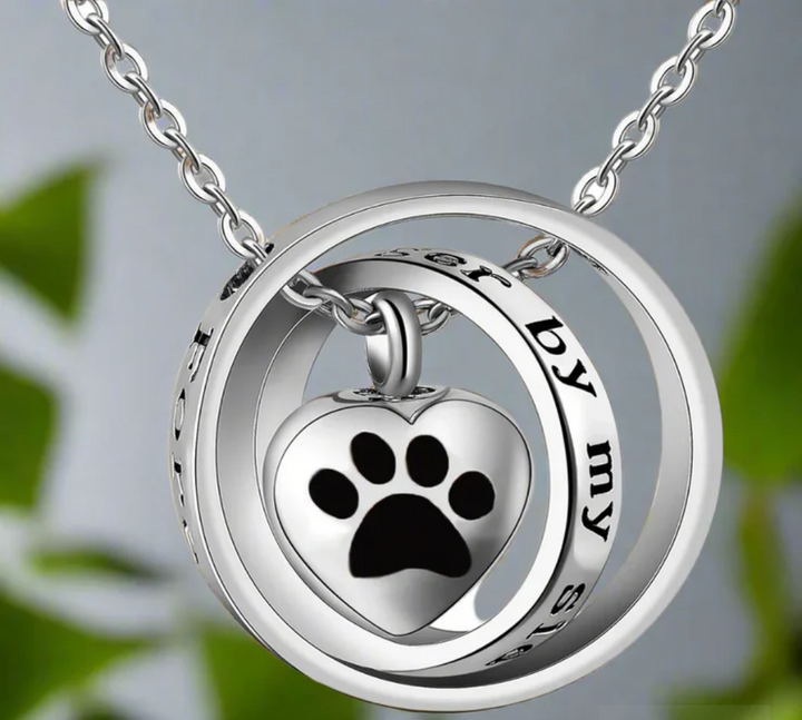 NO LONGER BY MY SIDE, FOREVER IN MY HEART' STAINLESS STEEL PAW NECKLACE