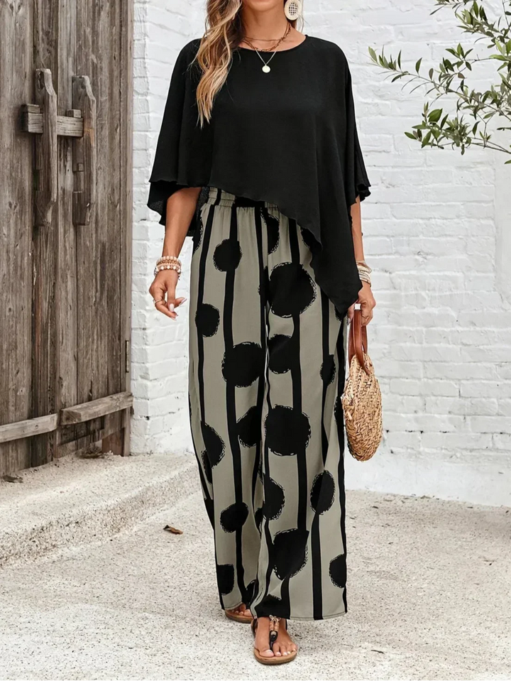 Milavie™ | Trendy Women's Asymmetric Top with Stylish Printed Pant Set