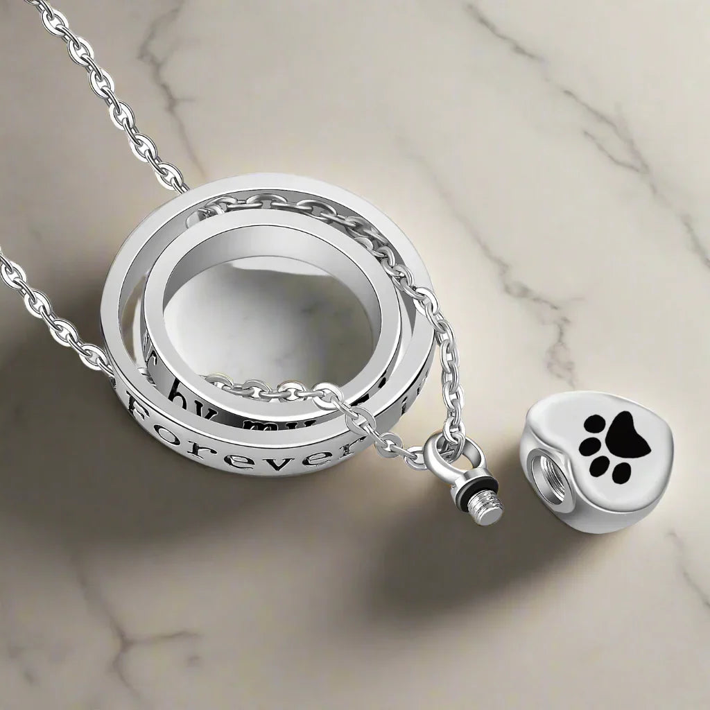 NO LONGER BY MY SIDE, FOREVER IN MY HEART' STAINLESS STEEL PAW NECKLACE