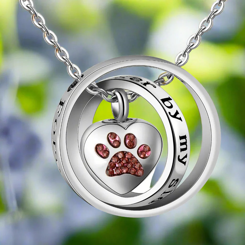 NO LONGER BY MY SIDE, FOREVER IN MY HEART' STAINLESS STEEL PAW NECKLACE