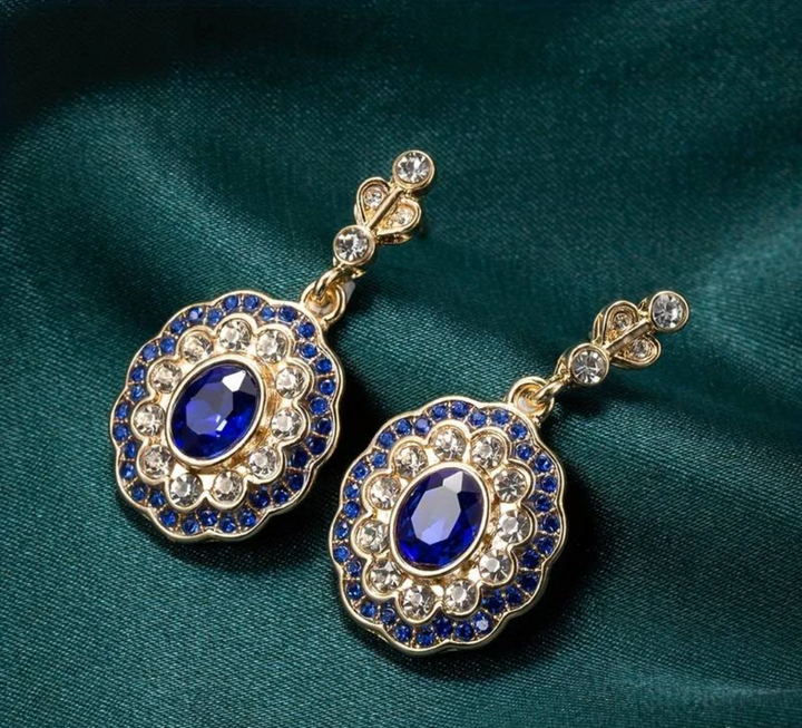 BLUE CRYSTAL MANDALA EARRINGS ON VINTAGE GOLD