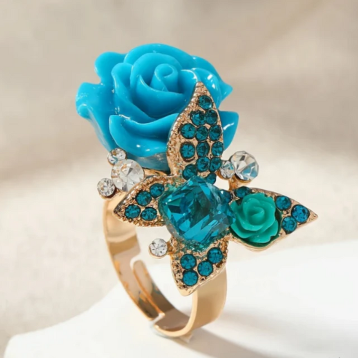 BLUE BRIGHT BUTTERFLY FLOWER GOLD RING