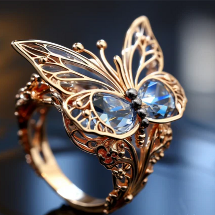 BLUE CRYSTAL GOLDEN BUTTERFLY RING