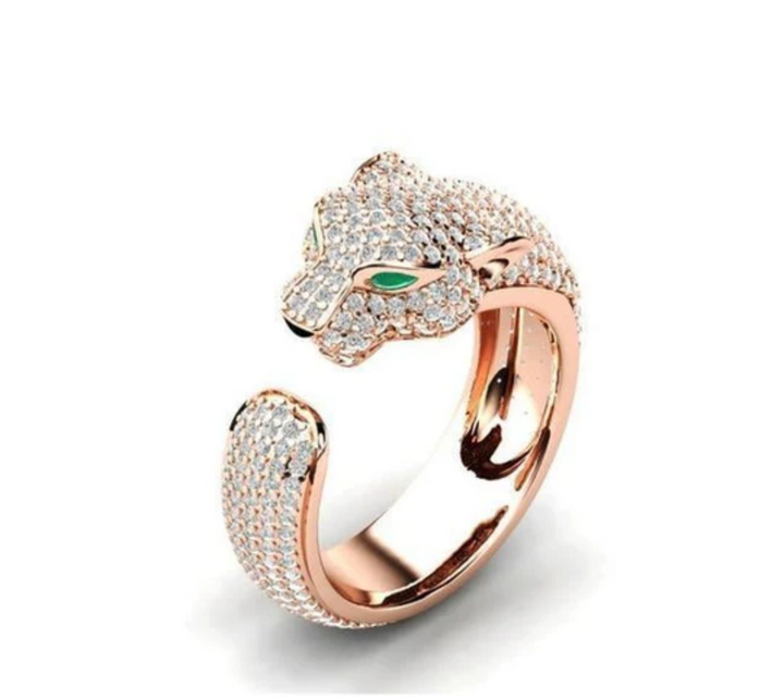 ADJUSTABLE JAGUAR RING IN SILVER AND ROSE GOLD WITH GREEN ZIRCONIA EYES