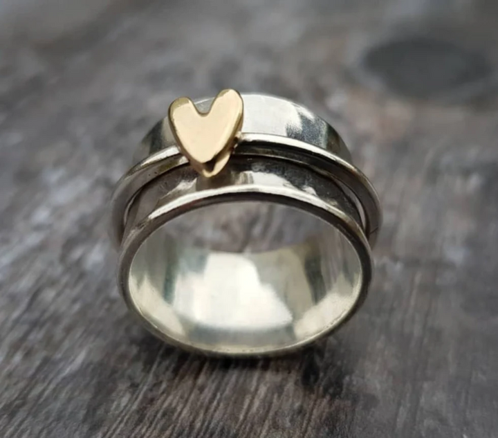 GOLDEN HEART SILVER RING