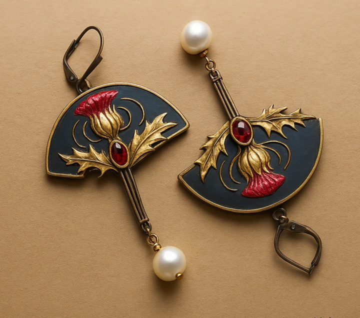 BOHO EARRINGS WITH PEARLS AND RED CRYSTAL