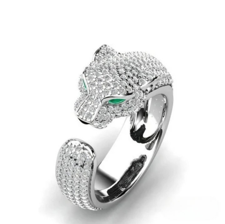 ADJUSTABLE JAGUAR RING IN SILVER AND ROSE GOLD WITH GREEN ZIRCONIA EYES