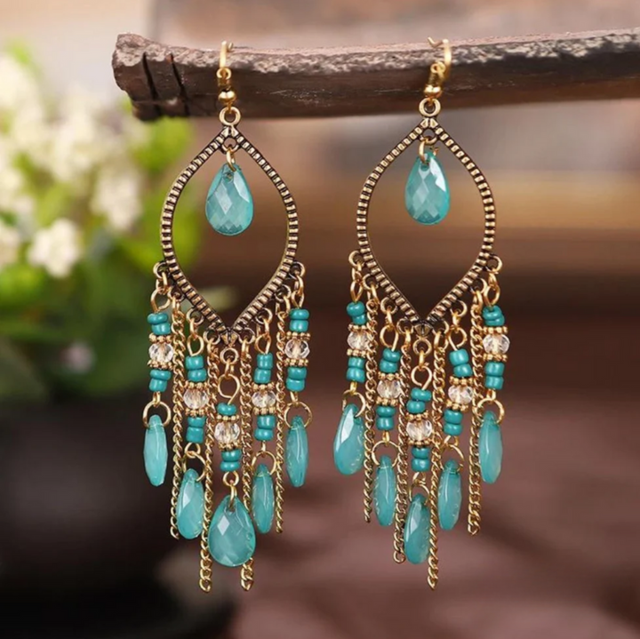 BLUE ZIRCONIA BOHO MANDALA DANGLING EARRINGS