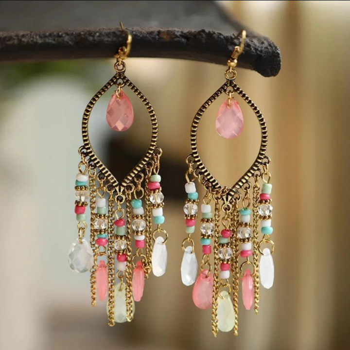 PINK ZIRCONIA BOHO MANDALA DANGLING EARRINGS