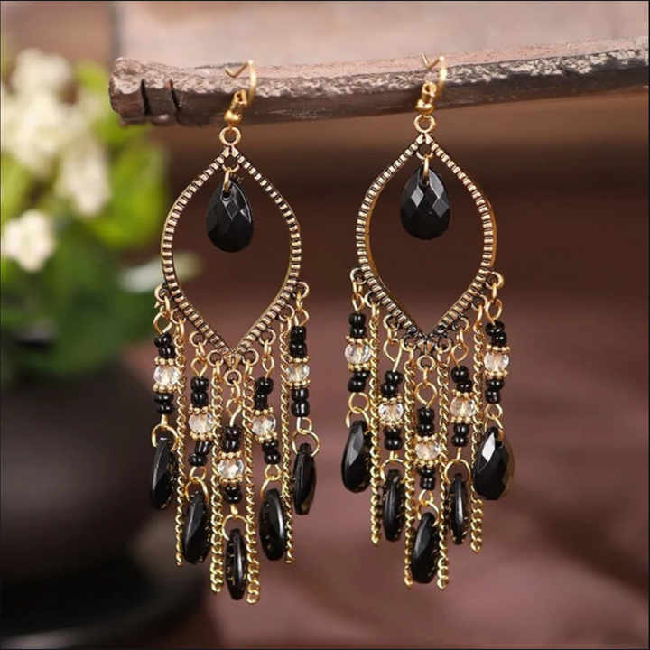 BLACK ZIRCONIA BOHO MANDALA DANGLING EARRINGS